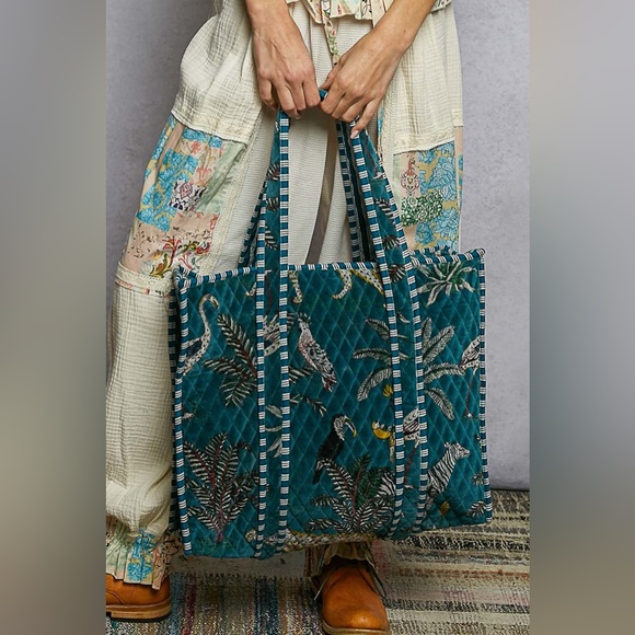 POL Handbags - POL Teal Quilted Tropical Print Tote Bag